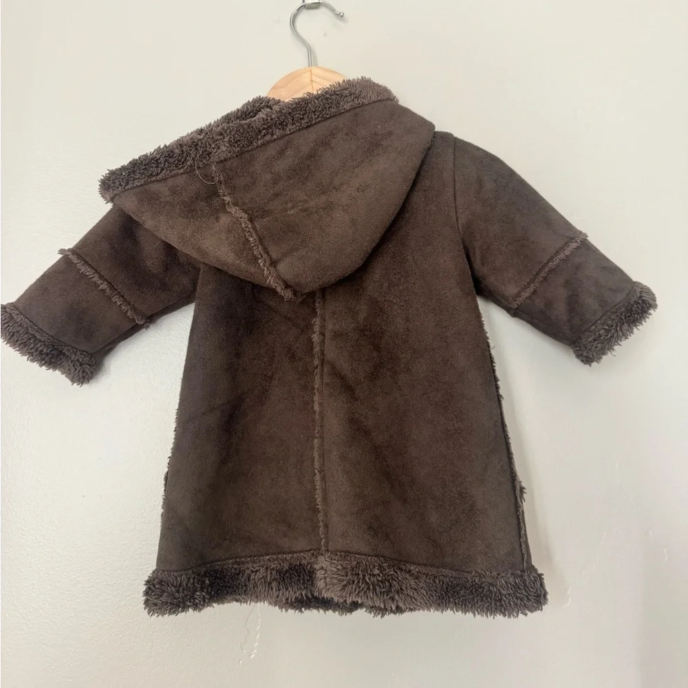 Vertbaudet Chocolate Brown Sherpa Lined Coat 6M Toggle Hood Cozy Scandi Chic